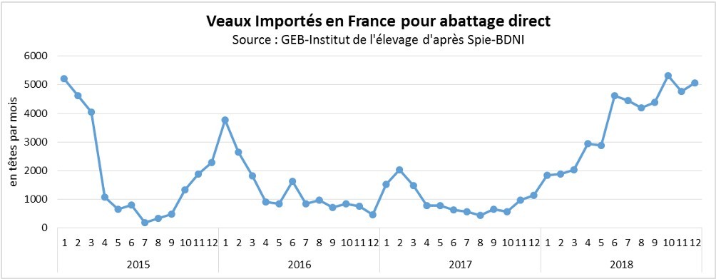 Graphique courbe Veaux importés en France pour abattage direct